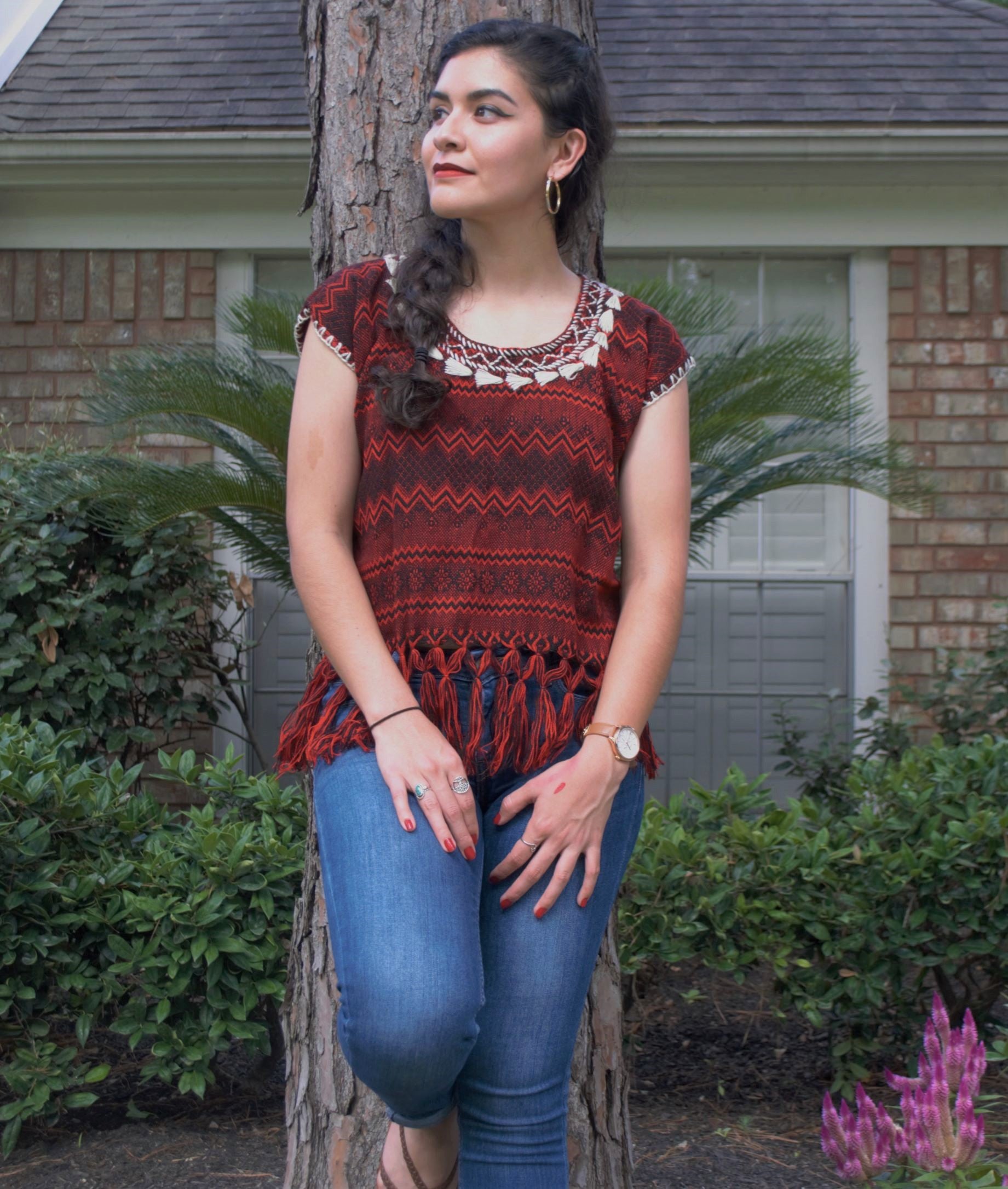 Campanelas Red Loom Woven Embroidered Mexican Blouse