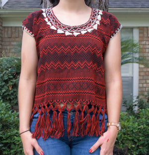 Campanelas Red Loom Woven Embroidered Mexican Blouse